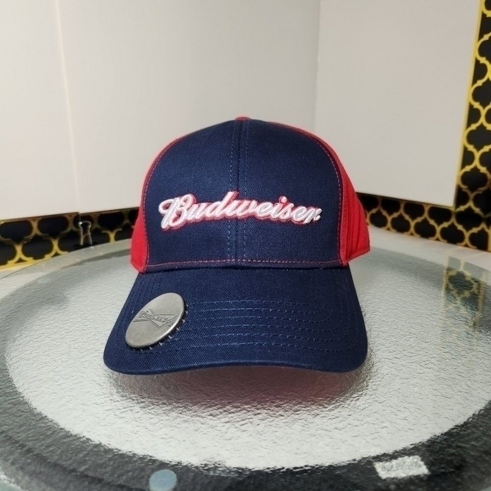 Budweiser‎ Baseball Cap Hat With Bottle Opener On Brim Strap Close Bud Beer NWT